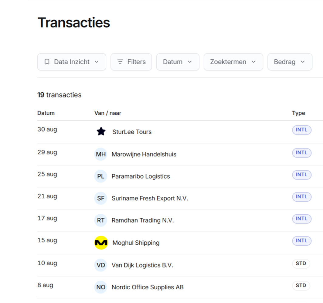 HARMONEE Business transactiescherm met filters, transactiestatussen en een overzicht van betalingen.