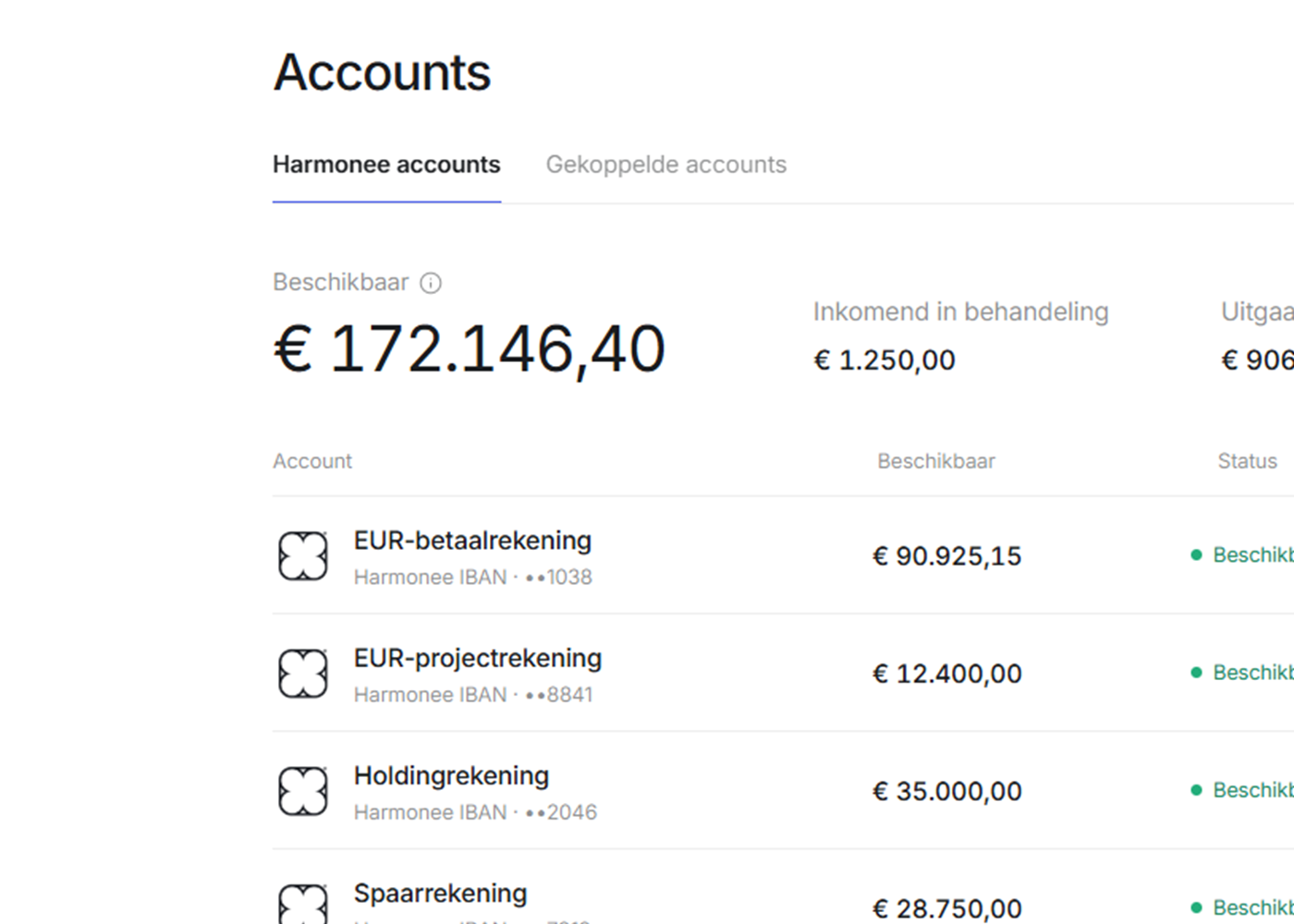 HARMONEE Business accountsoverzicht voor zakelijke accounts, saldo's en accountbeheer.