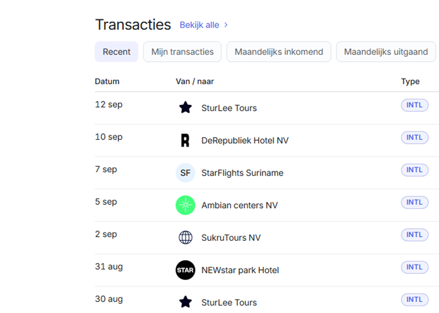 HARMONEE Business transactiescherm met filters, transactiestatussen en een overzicht van betalingen.