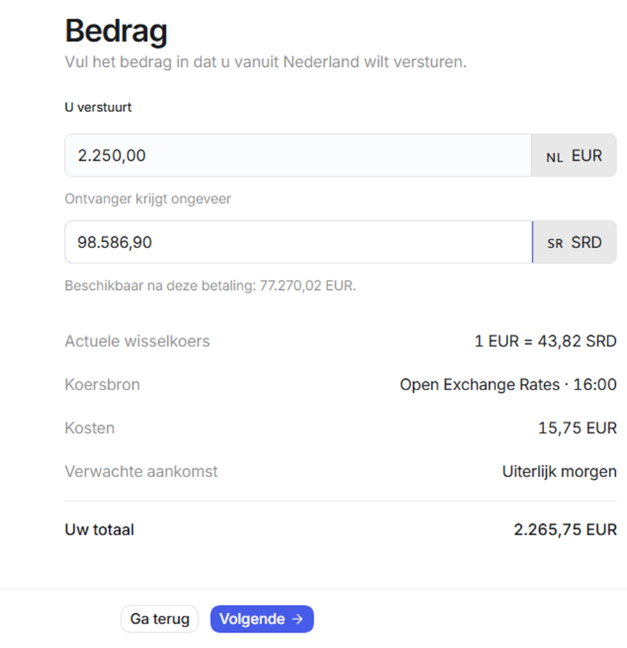 HARMONEE Business scherm voor een zakelijke betaling van EUR naar SRD, met wisselkoers, kosten en verwachte aankomst.